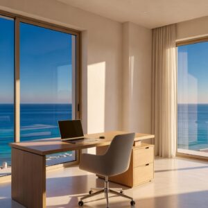 Home office with sea view in a Cyprus apartment, illustrating home internet in Cyprus
