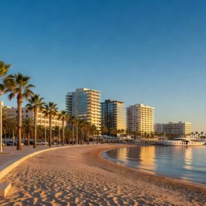 Larnaca Finikoudes palm-lined seafront promenade and beach at golden hour, Cyprus