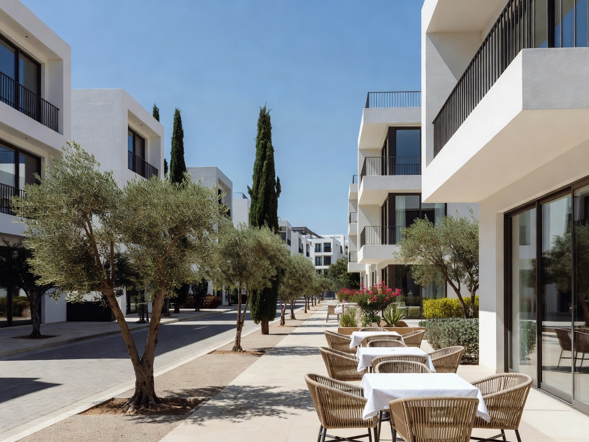 Modern residential apartment neighborhood with tree-lined streets in Nicosia Cyprus