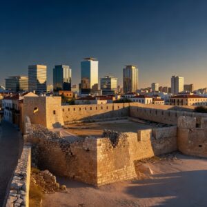 Nicosia old town and modern city center skyline at golden hour, capital of Cyprus