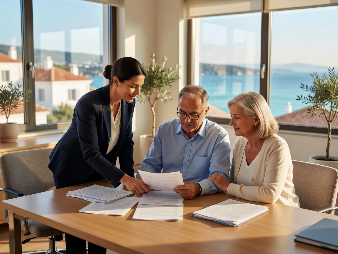 A relocation adviser and a couple reviewing Cyprus residency paperwork at a sea-view office