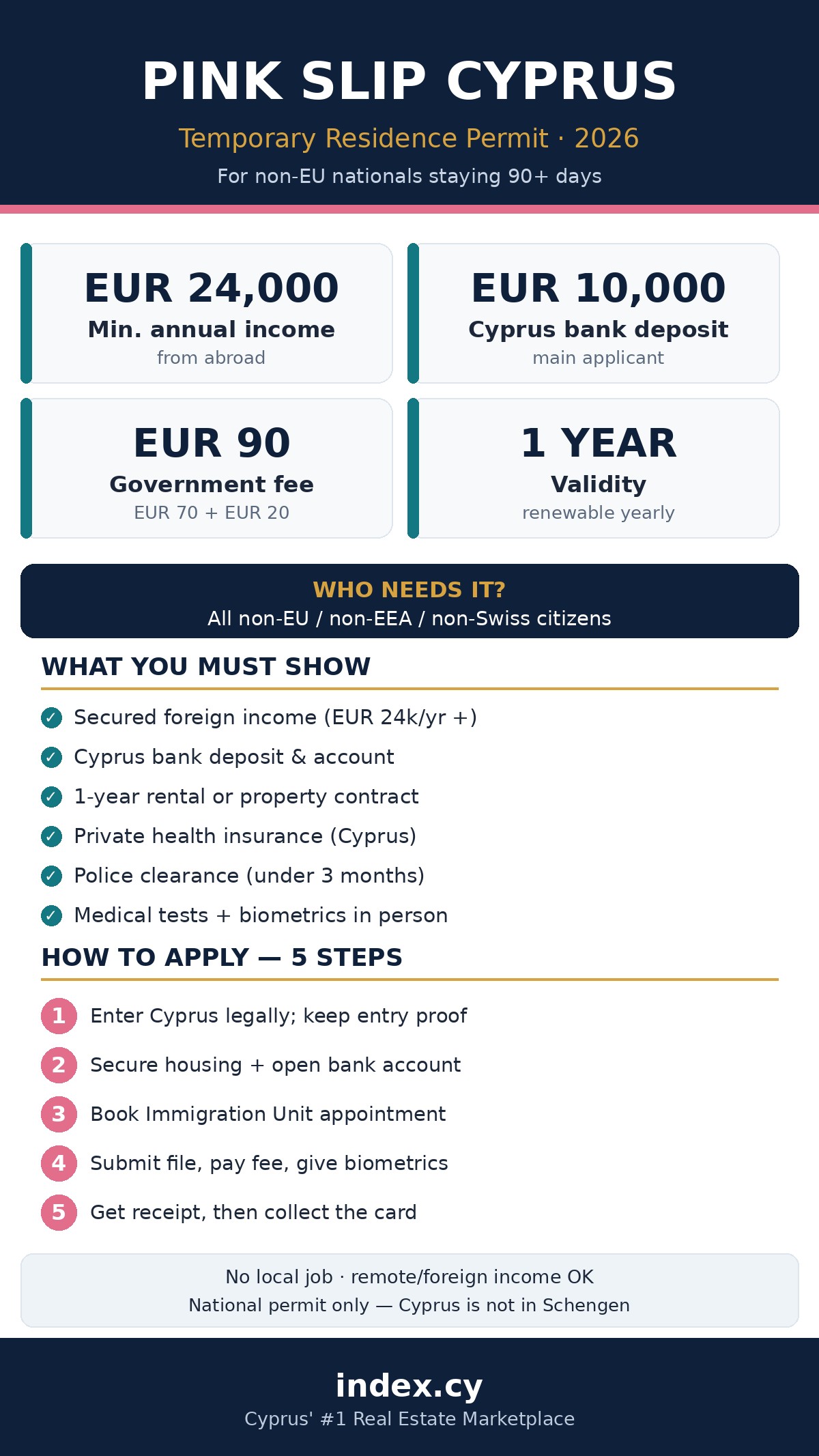 Infographic: pink slip Cyprus income, deposit, fee, documents and 5 application steps