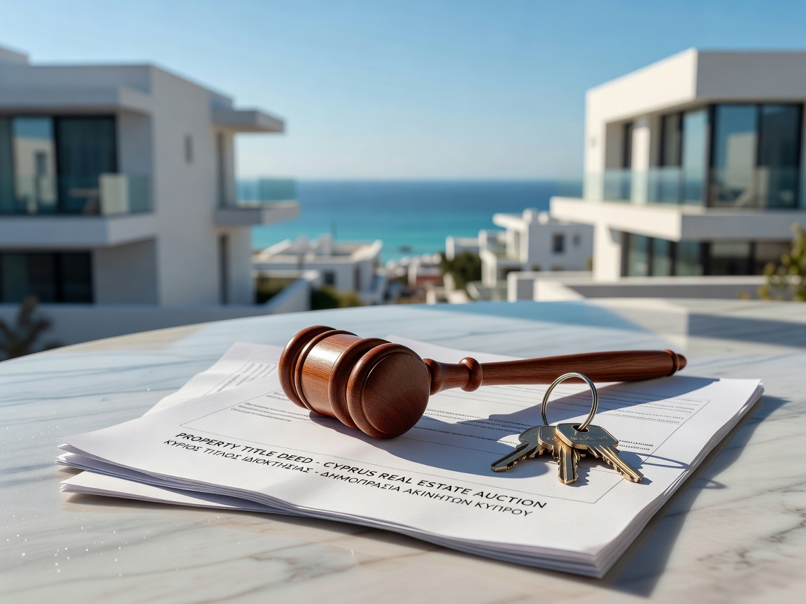 Gavel and house keys on property title documents at a Cyprus real estate auction
