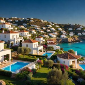 White Mediterranean villas with pools on a Peyia hillside overlooking the turquoise sea near Coral Bay, Cyprus
