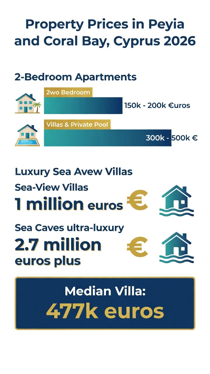 Infographic of Peyia and Coral Bay property prices in 2026 for apartments, villas and Sea Caves homes
