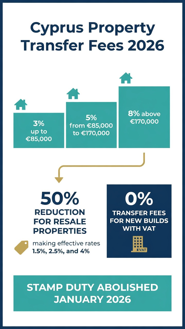 Cyprus property transfer fees 2026: rates, 50% reduction and VAT exemption