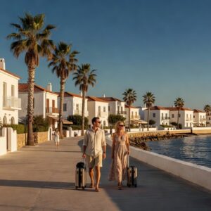 Expat couple with suitcases on a sunny Cyprus seafront promenade