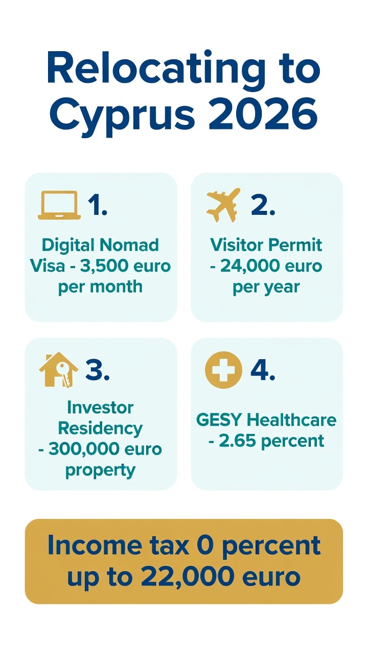 Relocating to Cyprus: The Complete 2026 Guide to Visas, Costs, Healthcare & Housing 1 Infographic: Cyprus residency visa routes, GESY healthcare and income tax for 2026