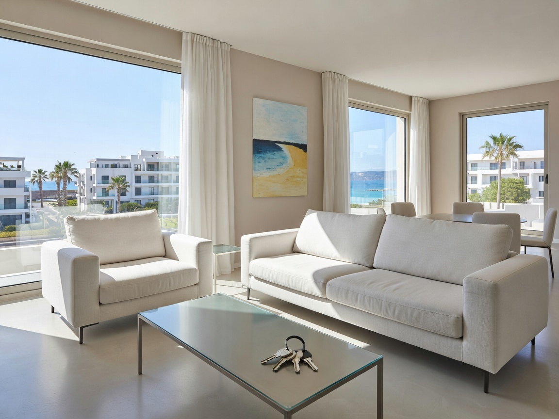 Bright living room of a Cyprus apartment styled for long-term rental