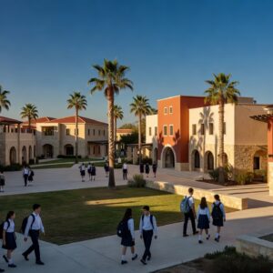 Private school campus in Cyprus with students walking between Mediterranean-style buildings