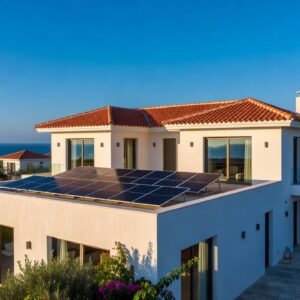 Modern Cyprus villa with rooftop solar panels under a blue Mediterranean sky
