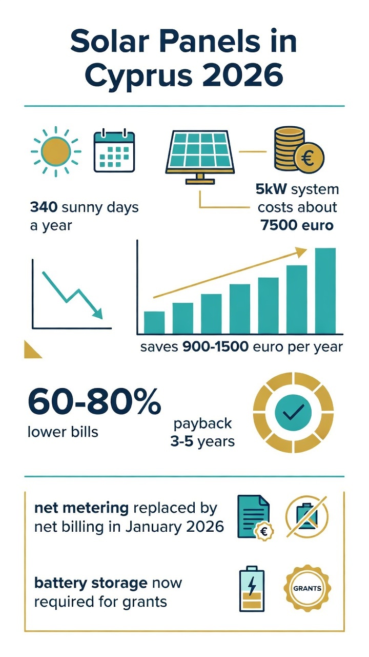 Infographic on solar panels in Cyprus 2026 costs savings payback and net billing