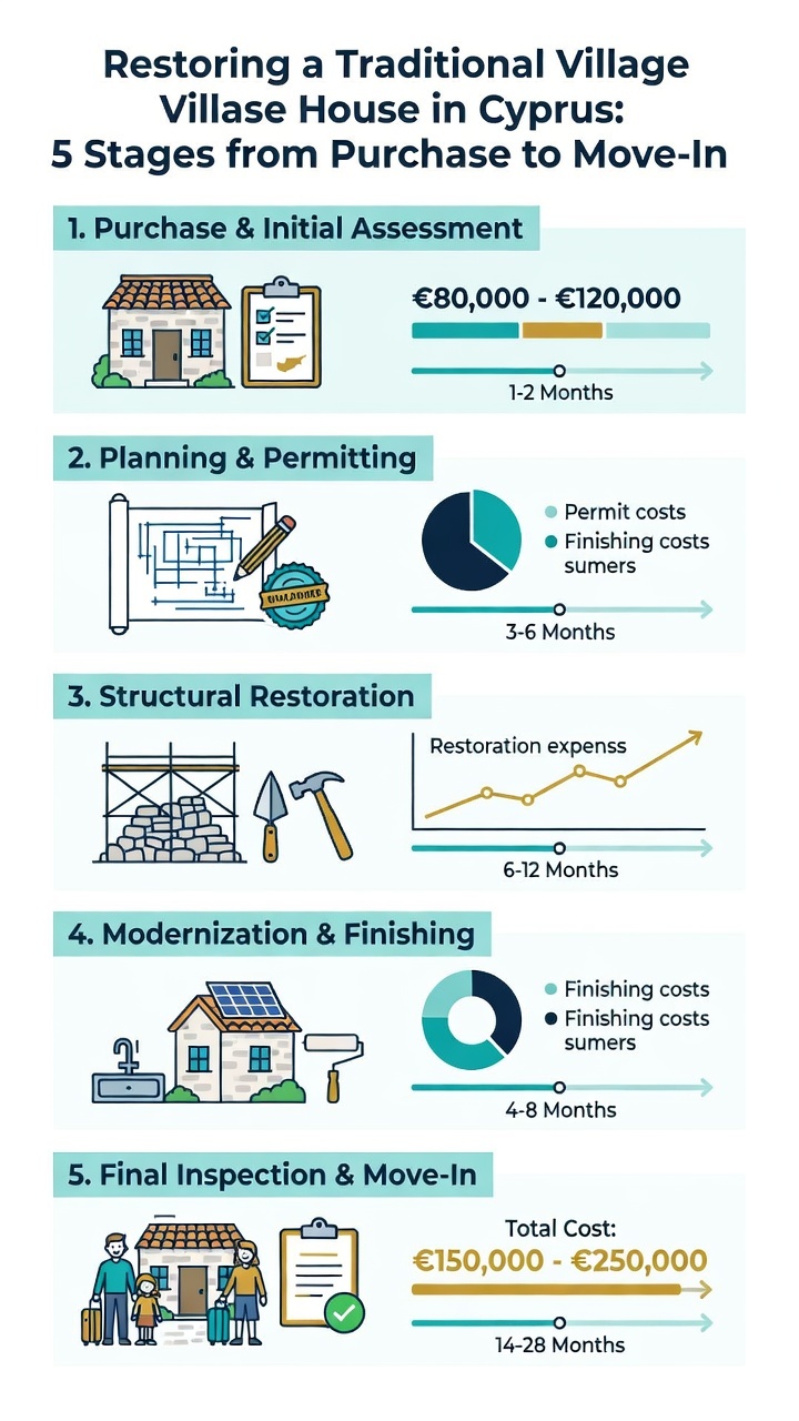 Traditional Village Houses in Cyprus: The Complete 2026 Guide to Buying & Restoring Stone Homes 1 Infographic: 5 stages and cost ranges to restore a traditional village house in Cyprus