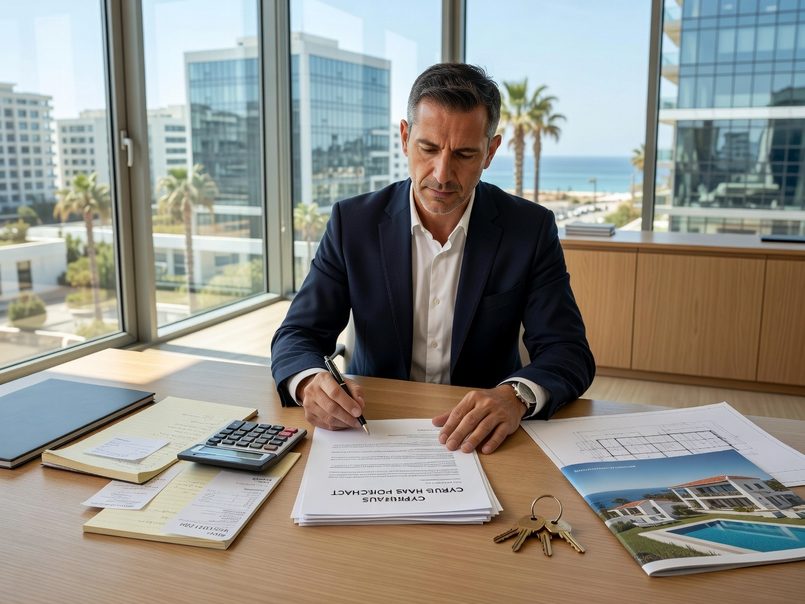 Buyer reviewing a Cyprus property purchase contract with a calculator and keys