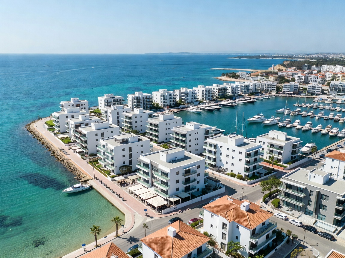 Aerial view of a Mediterranean coastal town in Cyprus with modern apartments and marina