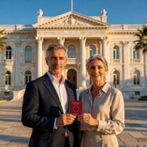 Couple holding an EU passport outside a government building in Nicosia, Cyprus