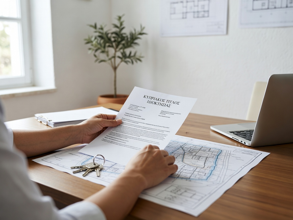 Hands reviewing a Cyprus title deed document and cadastral map with house keys
