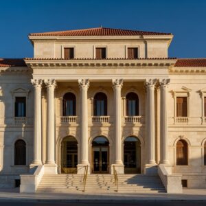 Neoclassical Cyprus government land registry office building under a clear blue sky in Nicosia