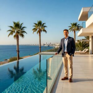 A relocating investor standing on the terrace of a modern Mediterranean villa with an infinity pool over the Cyprus coastline