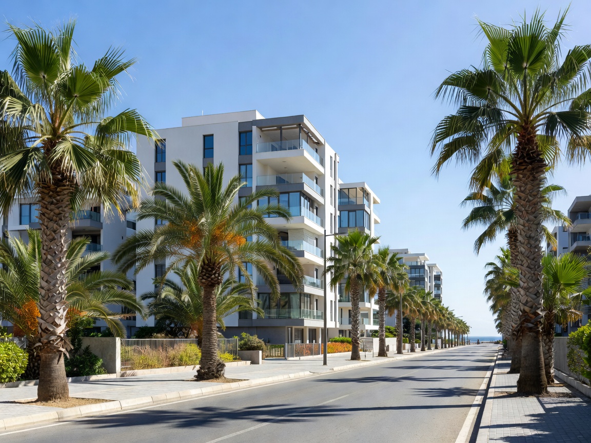 Modern apartment buildings and palm trees on Georgiou A avenue in Potamos Germasogeias, Limassol