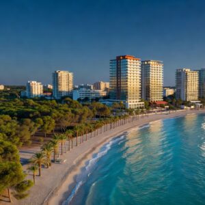 Aerial view of the Germasogeia coastline in Limassol with seafront apartment towers and Dasoudi beach pine grove
