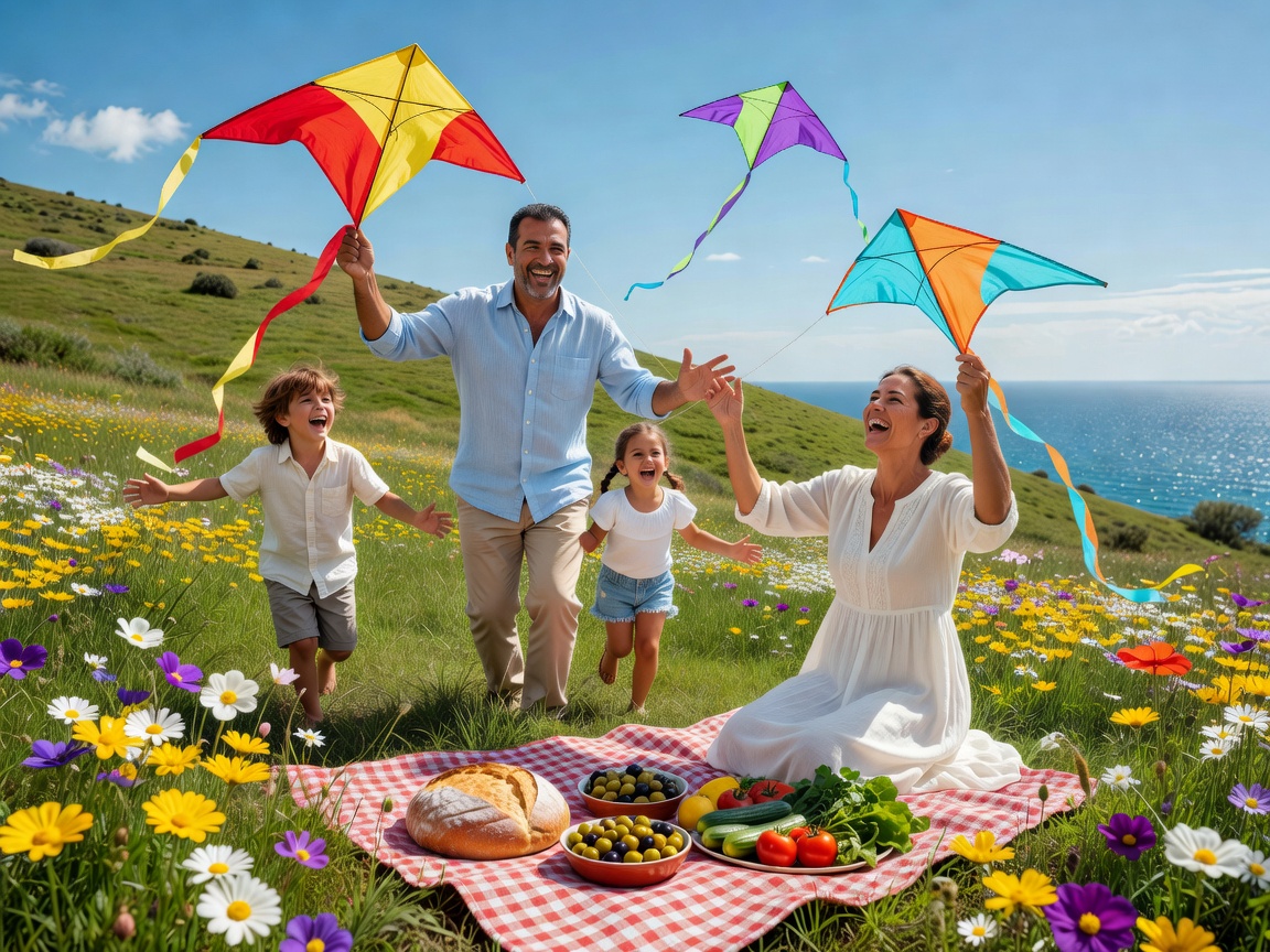 A Cypriot family flying kites and picnicking on the coast on Green Monday in Cyprus