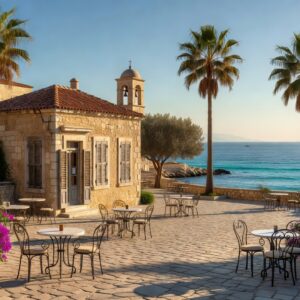 A quiet Cypriot coastal square on a public holiday morning, with closed shutters and empty cafe tables by the Mediterranean