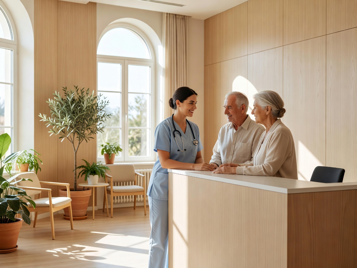 A nurse speaking with an older couple at a bright hospital reception desk in Cyprus