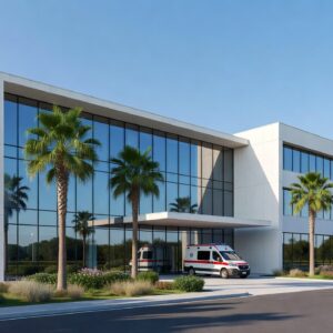 A modern Mediterranean hospital building in Cyprus with an ambulance at the emergency entrance