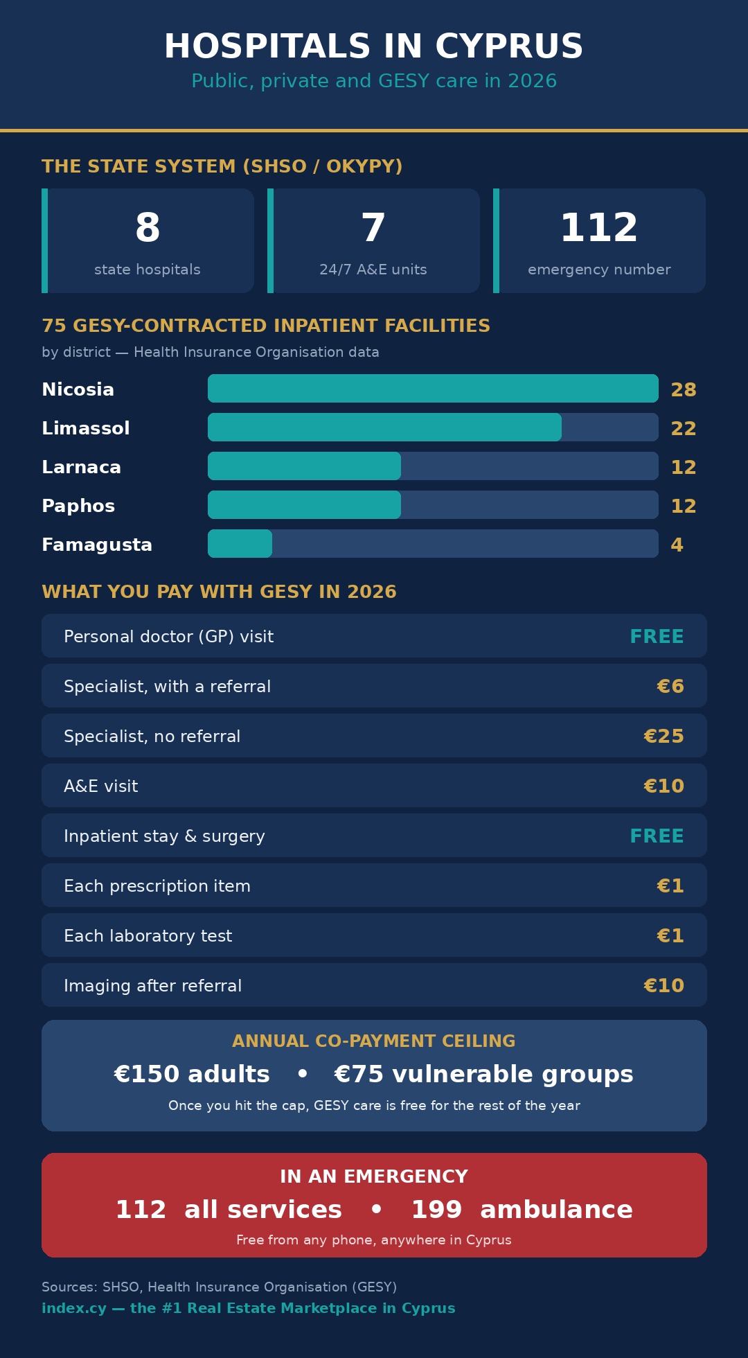 Infographic showing Cyprus state hospitals, GESY-contracted facilities by district and 2026 co-payment amounts