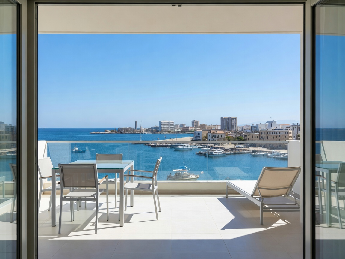 Property for Sale in Kato Paphos: The Complete 2026 Area & Buying Guide 2 Modern two-bedroom apartment balcony in Kato Paphos overlooking the Mediterranean sea and harbour