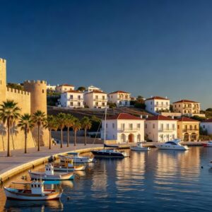Kato Paphos harbour with the medieval castle and hillside apartments at sunset, Cyprus