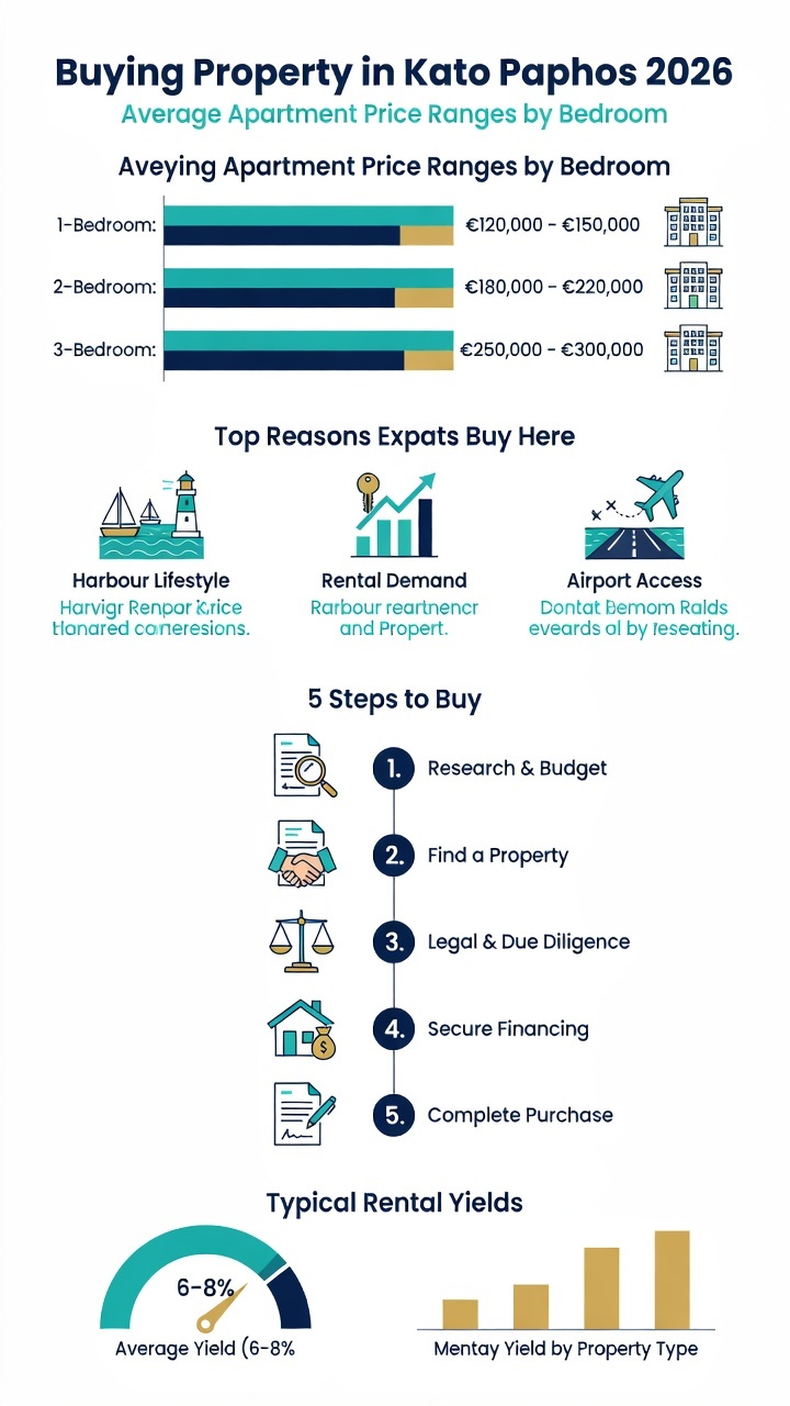 Property for Sale in Kato Paphos: The Complete 2026 Area & Buying Guide 1 Infographic on buying property in Kato Paphos 2026: prices, why expats buy, steps and rental yields