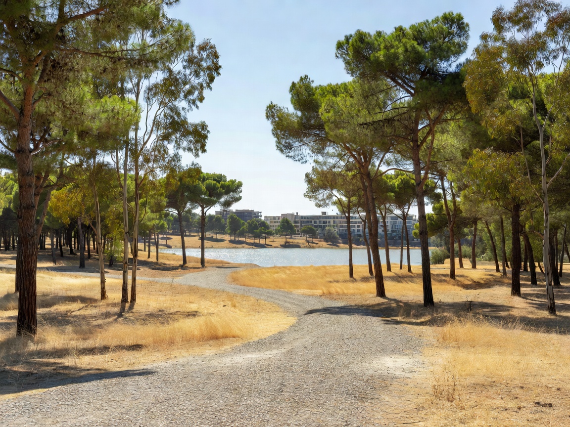 Pine woodland, walking path and reservoir in the Athalassa National Forest Park on the edge of Latsia and Aglantzia, Nicosia
