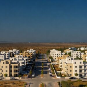 New low-rise apartment blocks on a wide avenue in Latsia, Nicosia, with the flat inland Mesaoria plain stretching behind