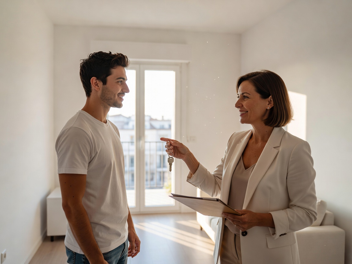 Letting agent showing a compact one-bedroom apartment to a young tenant in Cyprus