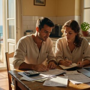 Couple reviewing household budget in a Cyprus apartment