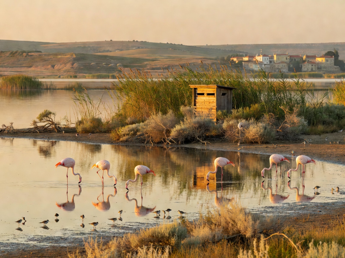 Greater flamingos and wading birds at Oroklini Lake, a Natura 2000 protected wetland near Larnaca, Cyprus