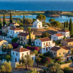 Oroklini village in Larnaca district, Cyprus, seen from above with the lake and Mediterranean sea beyond