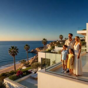 International family on the terrace of a new-build Cyprus apartment overlooking the sea