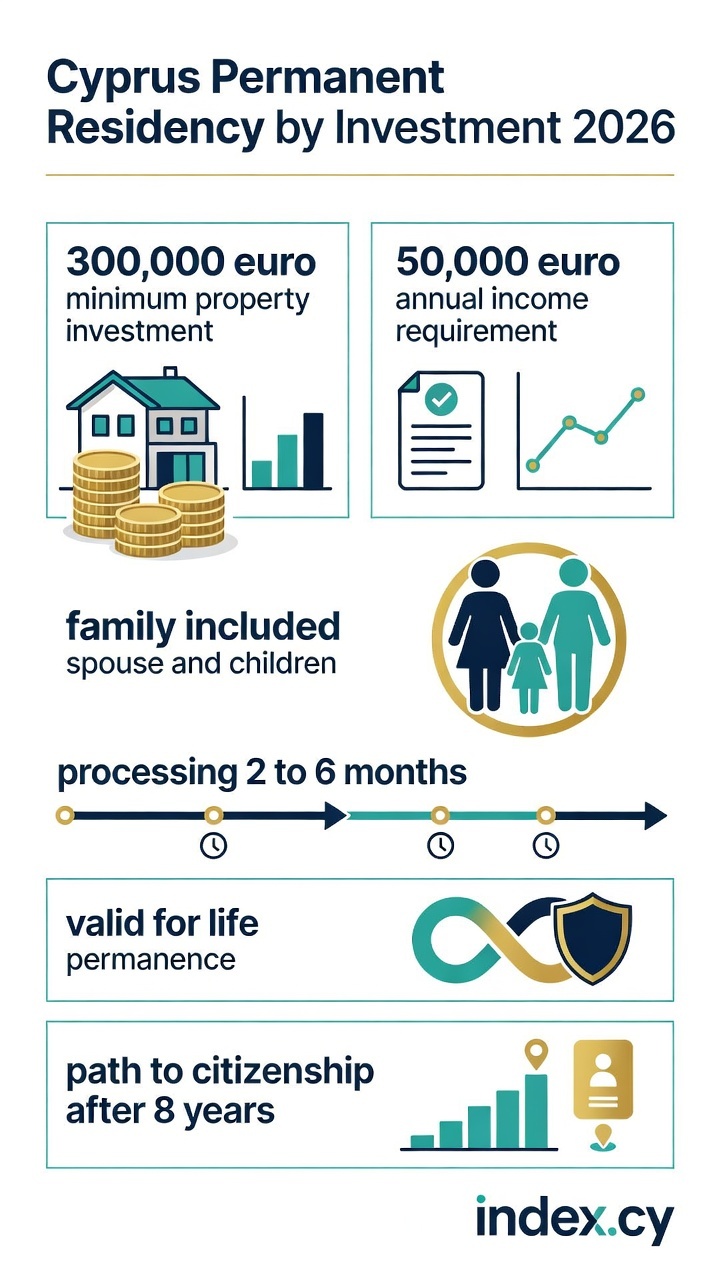 Cyprus permanent residency by investment requirements 2026 infographic