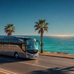 Modern intercity bus travelling along the Mediterranean coast road in Cyprus