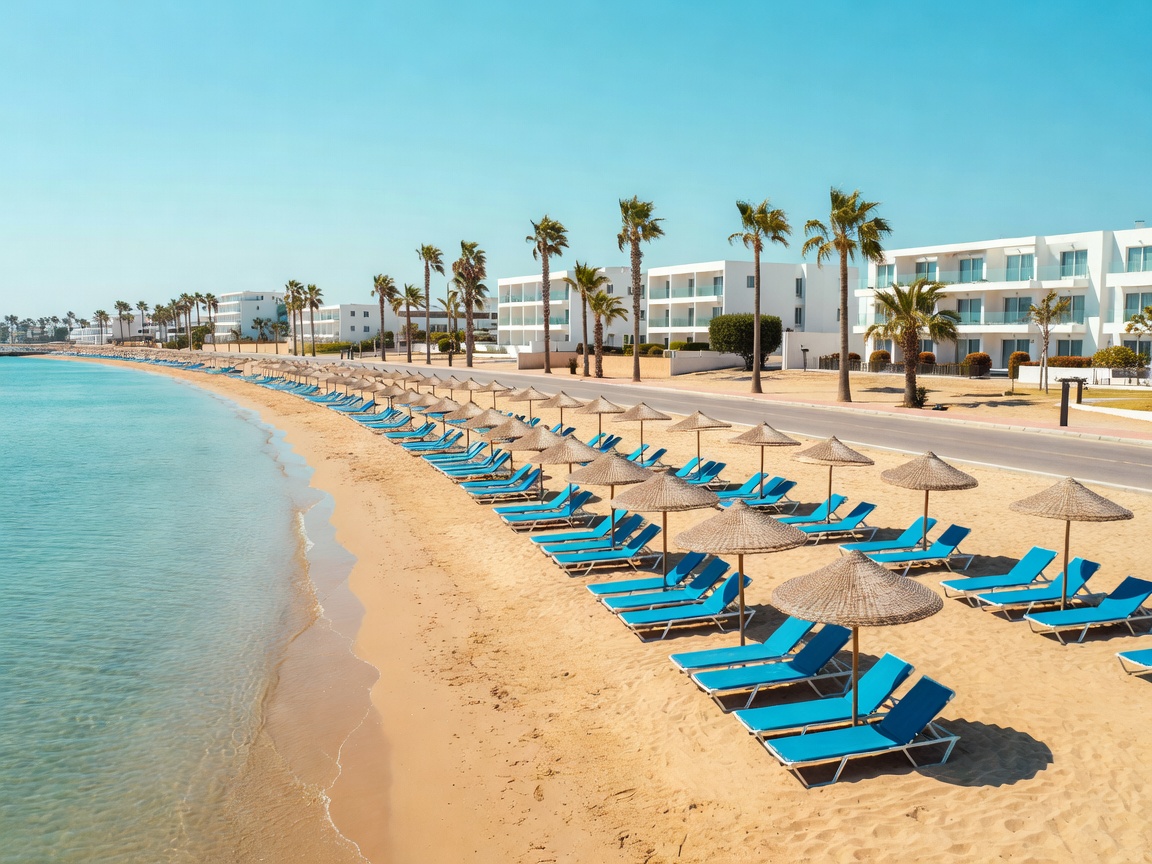 Pyla, Cyprus: The 2026 Guide to the Buffer-Zone Village and Its Property Market 2 Organised sandy beach with sun loungers and umbrellas along the Larnaca-Dhekelia coastal road near Pyla Tourist Area, Cyprus