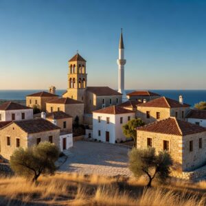 Pyla Cyprus village at golden hour with a church belltower and a mosque minaret on the same skyline above the Mediterranean