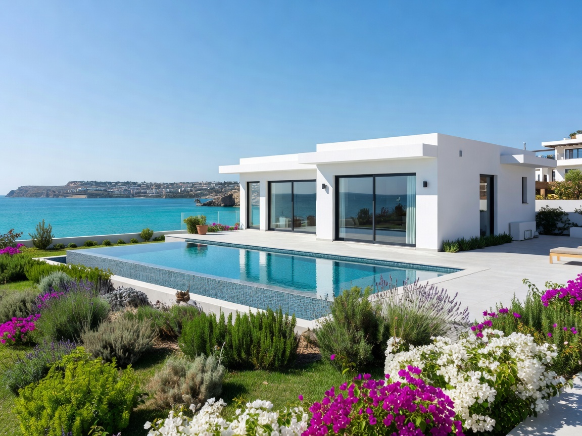 Bright single-level bungalow with garden and pool in a Cyprus coastal town, ideal retirement home