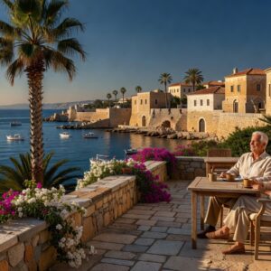 Retired couple enjoying coffee on a sunlit terrace overlooking Paphos harbour, Cyprus