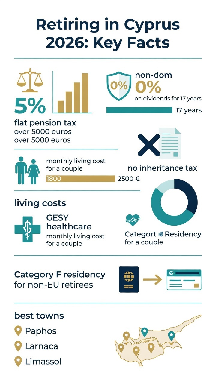 Infographic of key facts for retiring in Cyprus 2026: pension tax, residency, cost of living, healthcare