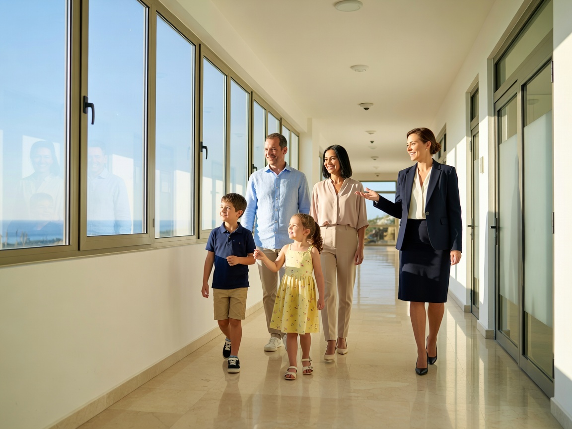 A family with two children touring a private school in Limassol with an admissions advisor
