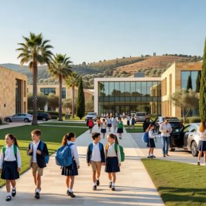 Modern private school campus in Limassol, Cyprus with pupils arriving in the morning