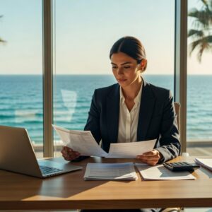 Professional reviewing a Cyprus payslip and social insurance documents in a Limassol office overlooking the sea